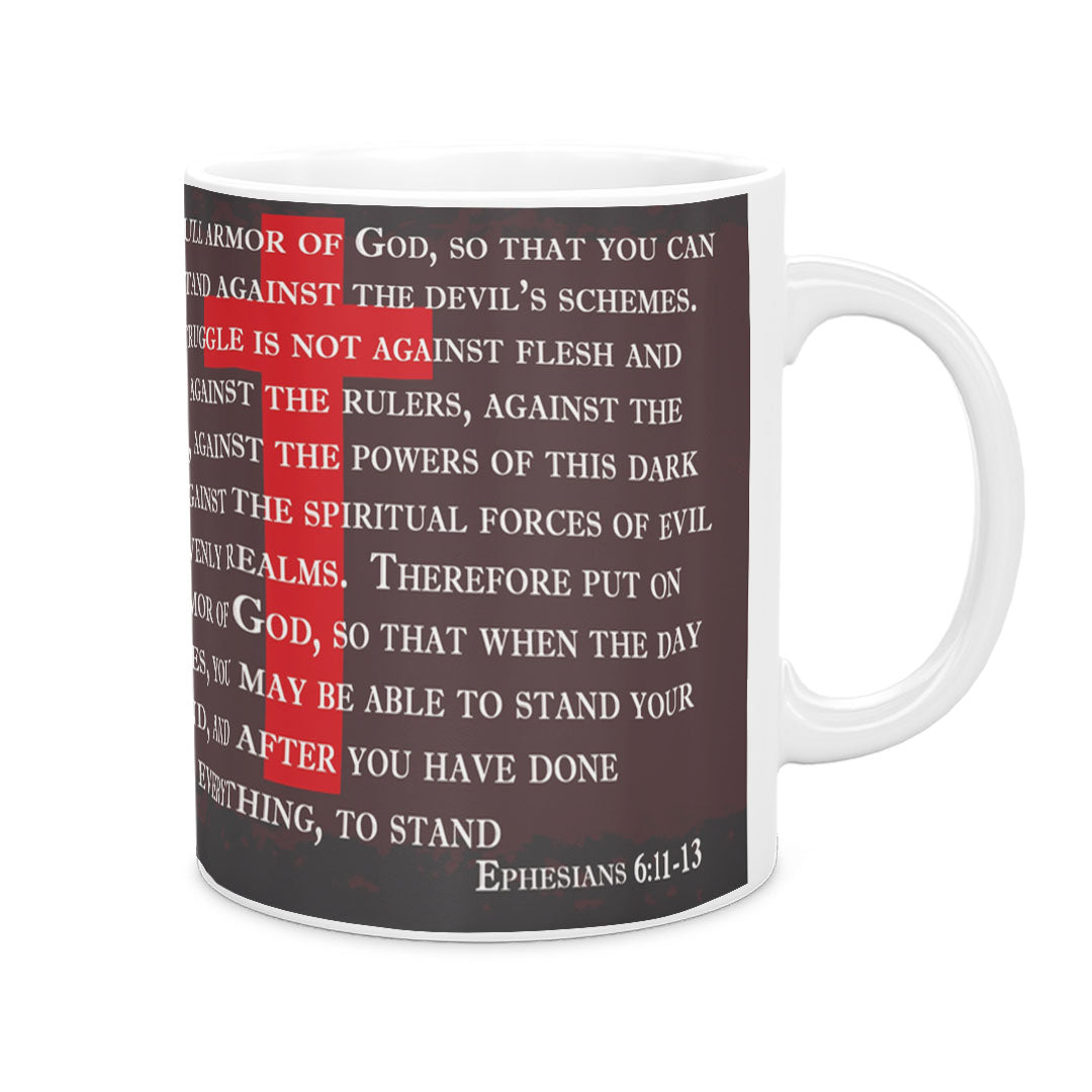 Ceramic Mug 11oz White - Bold white and red typography of Ephesians 6:11-13 surrounding ornate golden armored knight illustration on mug
