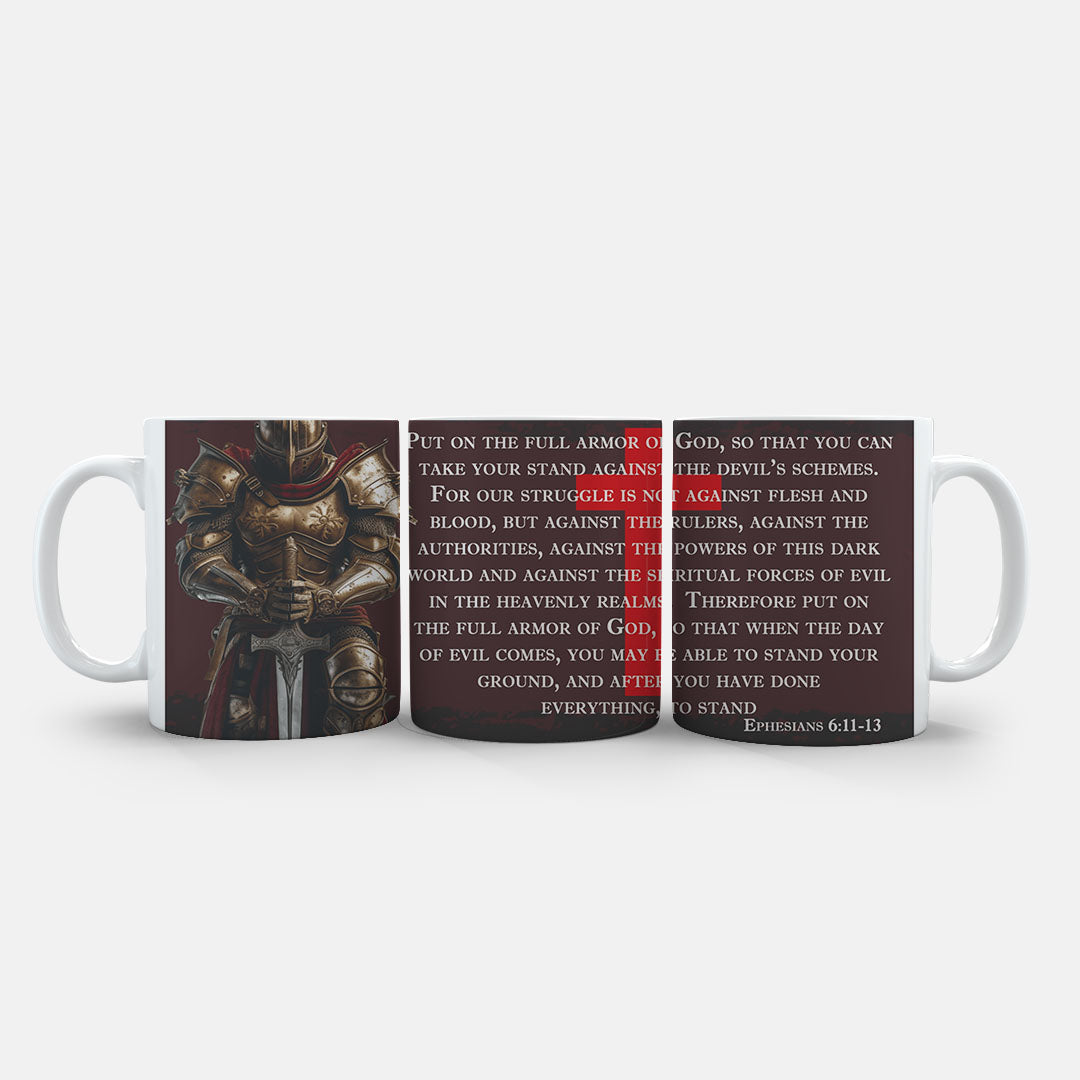 Ceramic Mug 11oz White - Medieval knight in shining golden armor with red cape against deep burgundy background, featuring Ephesians 6:11-13 Scripture text