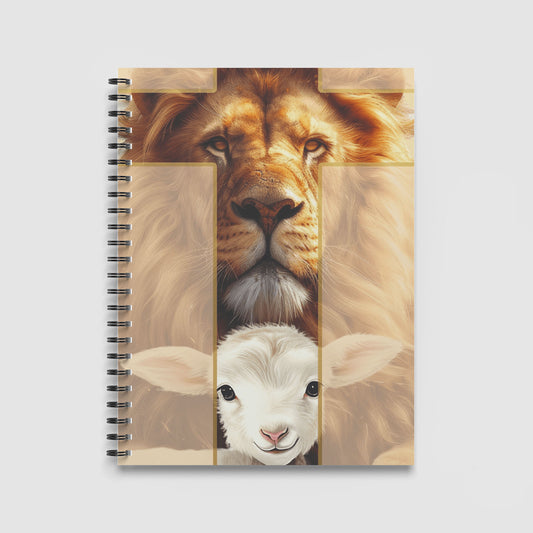 Spiral Notebook A4 - Majestic golden lion's face with serene expression positioned above gentle white lamb, symbolizing strength and innocence with cross symbolism