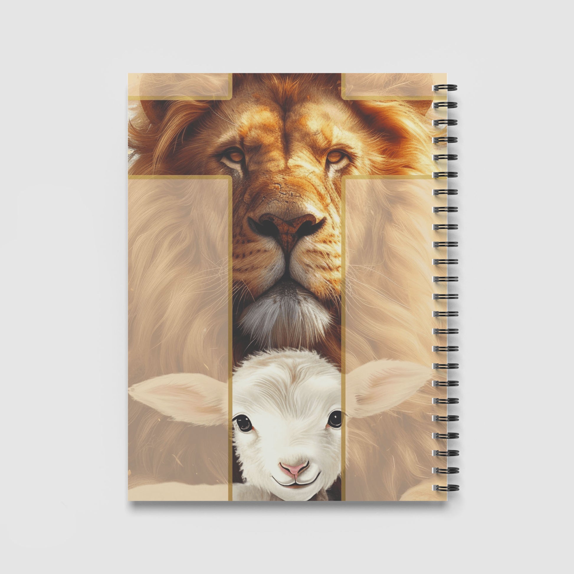 Spiral Notebook A4 - Detailed portrait of regal lion gazing down at innocent white lamb in pastel spiritual art style with cross element