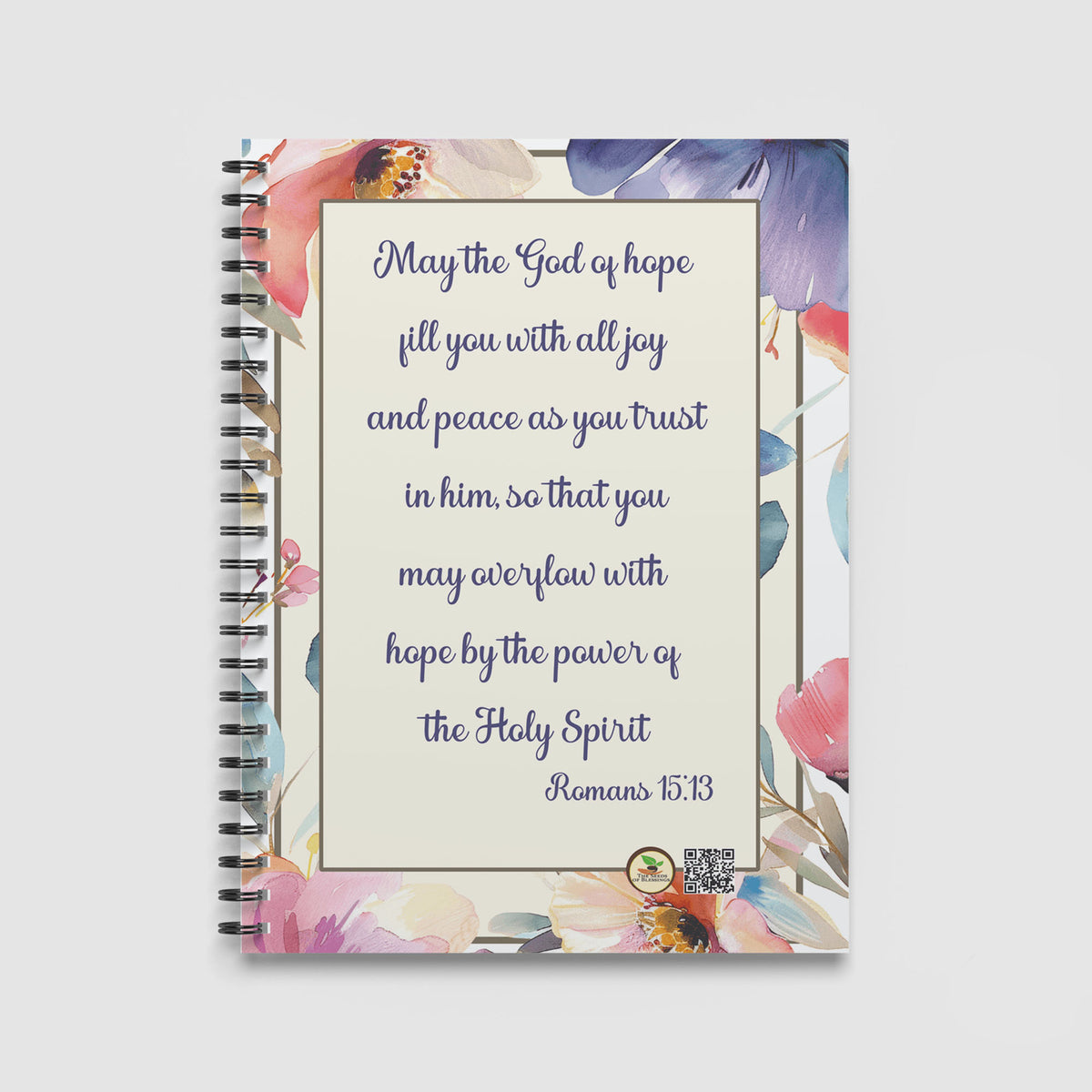 Spiral Notebook A4 - Elegant floral border design in soft colors with navy Faith Love Hope lettering on spiral-bound notebook