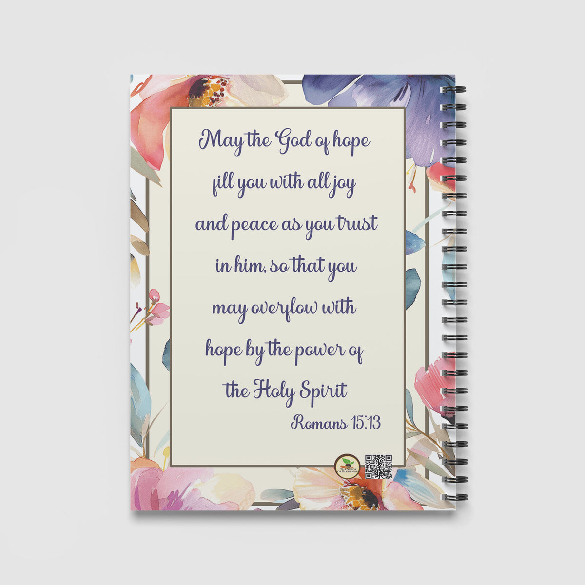 Spiral Notebook A4 - Delicate hand-painted flowers in pastels surrounding inspirational Faith Love Hope message on cream background