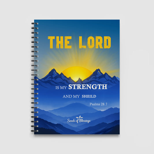 Spiral Notebook A4 - Golden text 'The Lord' displayed above layered blue mountains with bright yellow sunrise