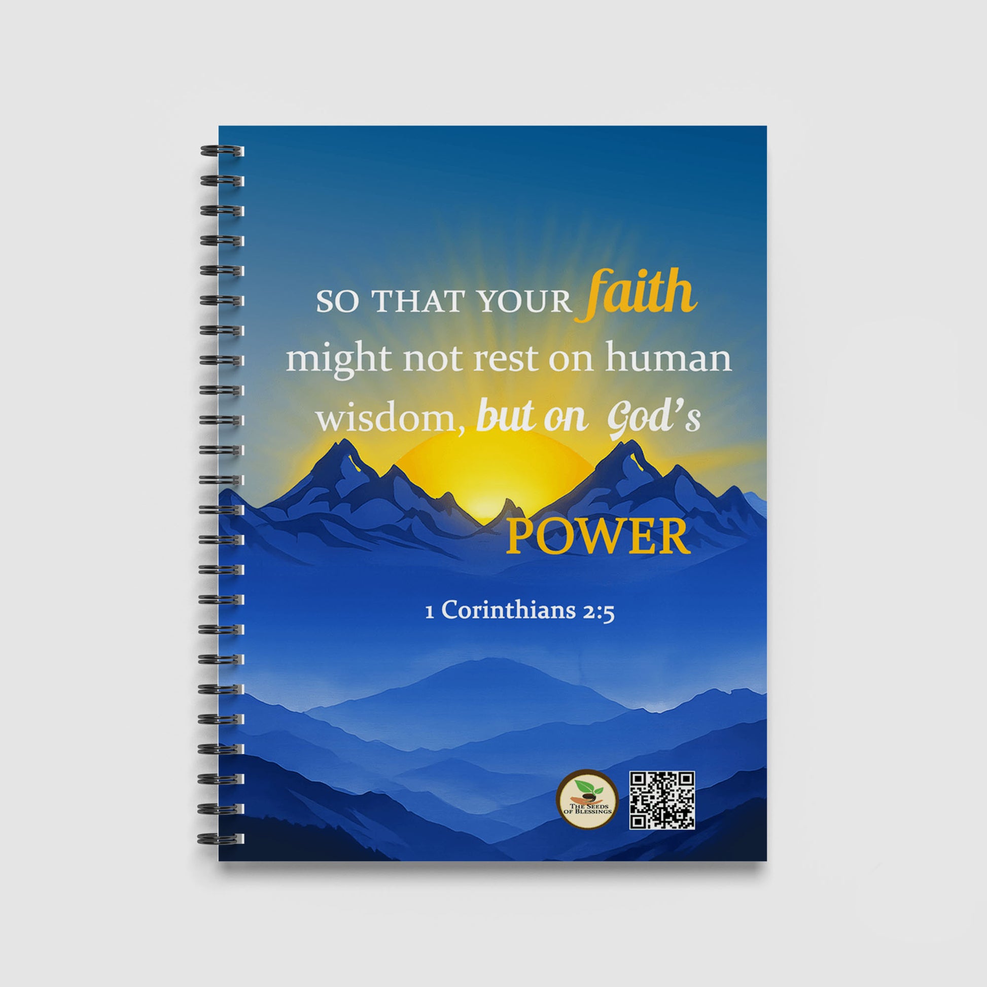 Spiral Notebook A4 - Full cover design showing inspirational biblical quote with golden sunrise and mountain silhouettes