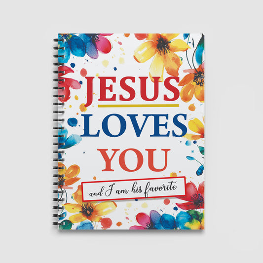 Spiral Notebook A4 - Vibrant watercolour floral design with 'Jesus Loves You' text in red and blue on white background