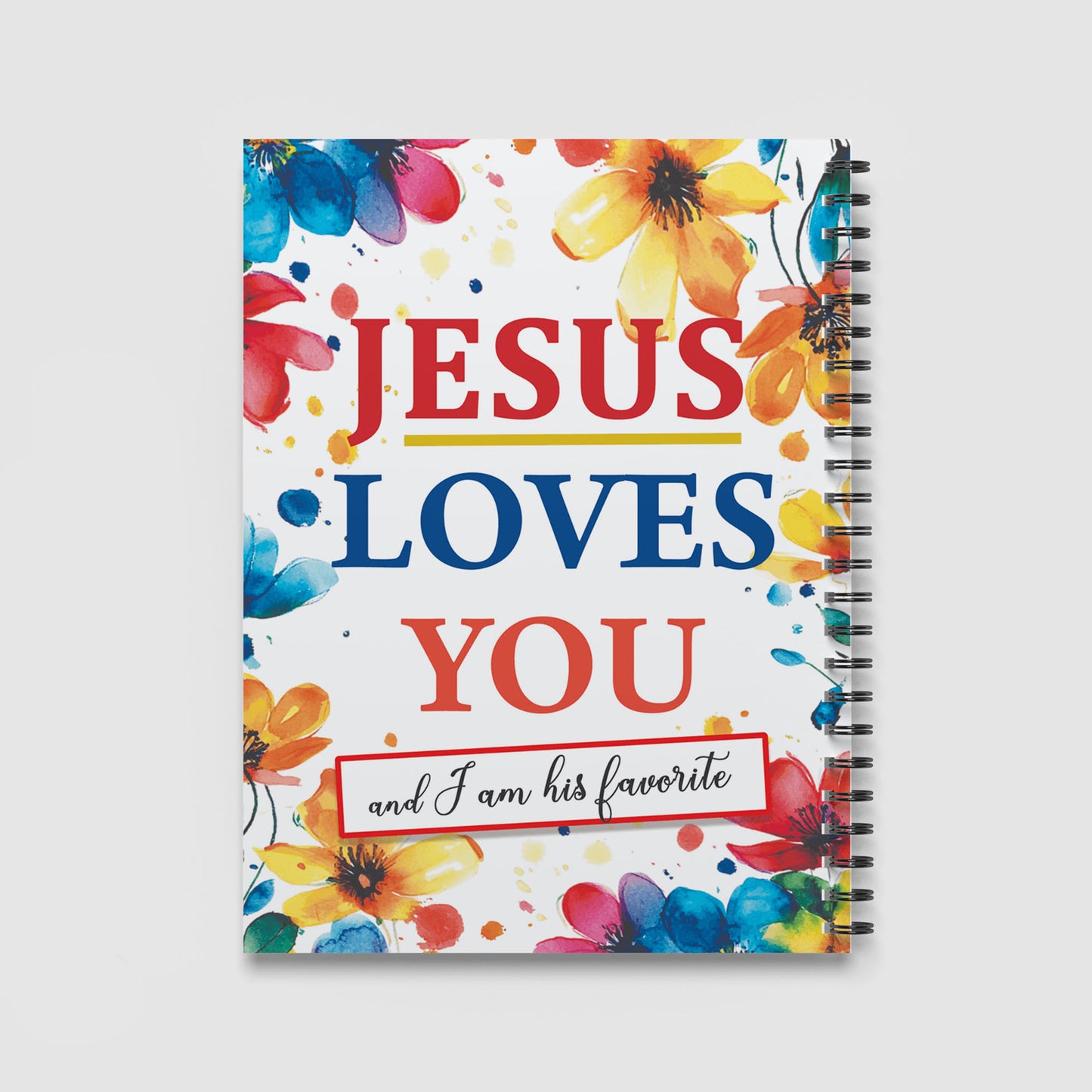 Spiral Notebook A4 - Colourful hand-painted flowers in blues, yellows, reds and pinks surrounding religious message