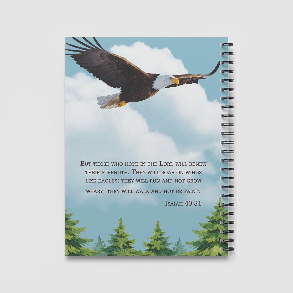 Spiral Notebook A4 - Isaiah 40:31 scripture text in elegant font below soaring eagle against peaceful sky backdrop