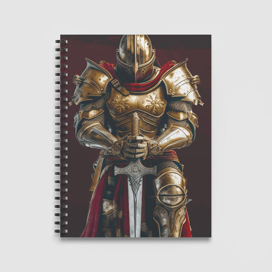 Spiral Notebook A4 - Medieval knight in ornate gold armour with red velvet cape and sword on burgundy background