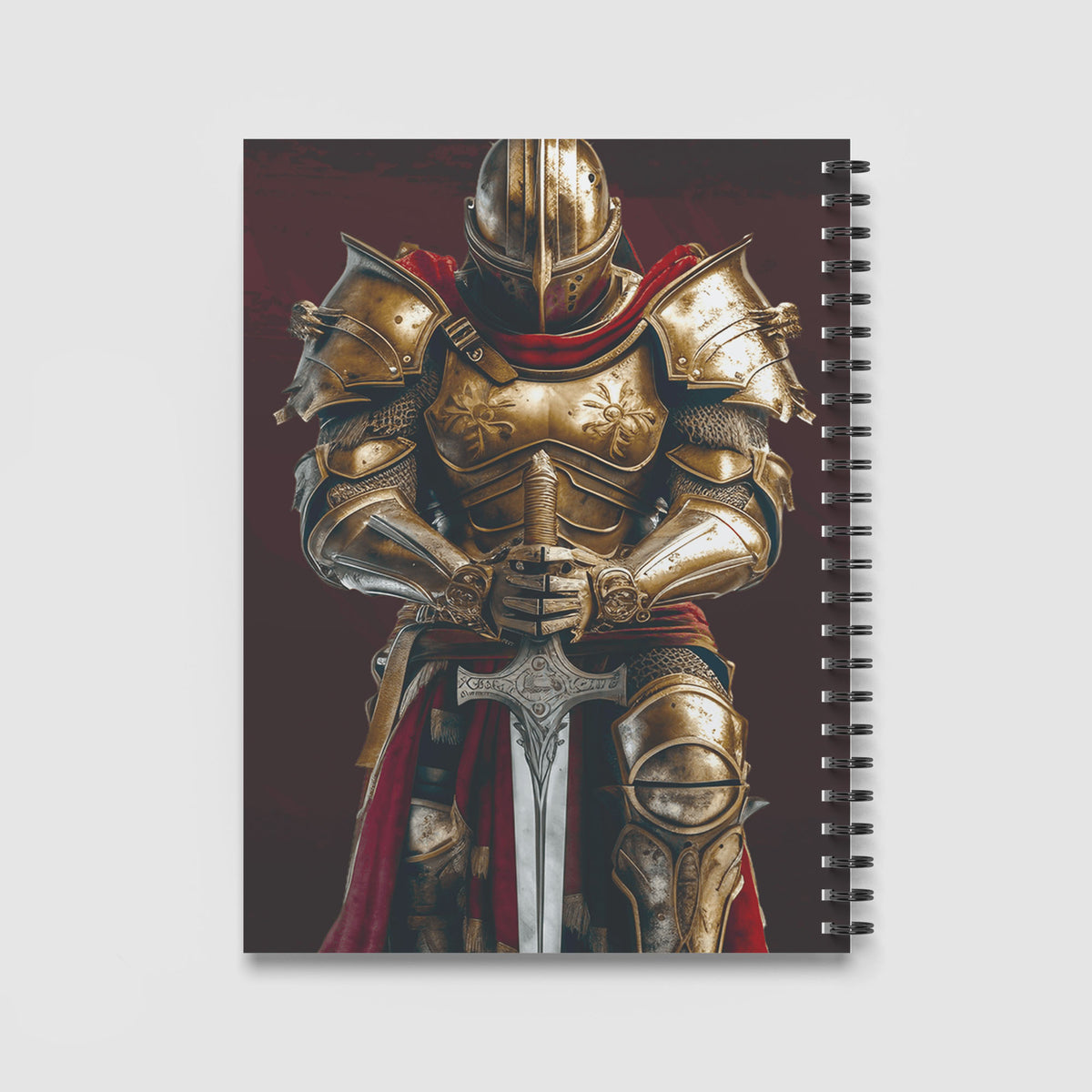 Spiral Notebook A4 - Detailed illustration of golden armour featuring decorative breastplate and ornamental weapons