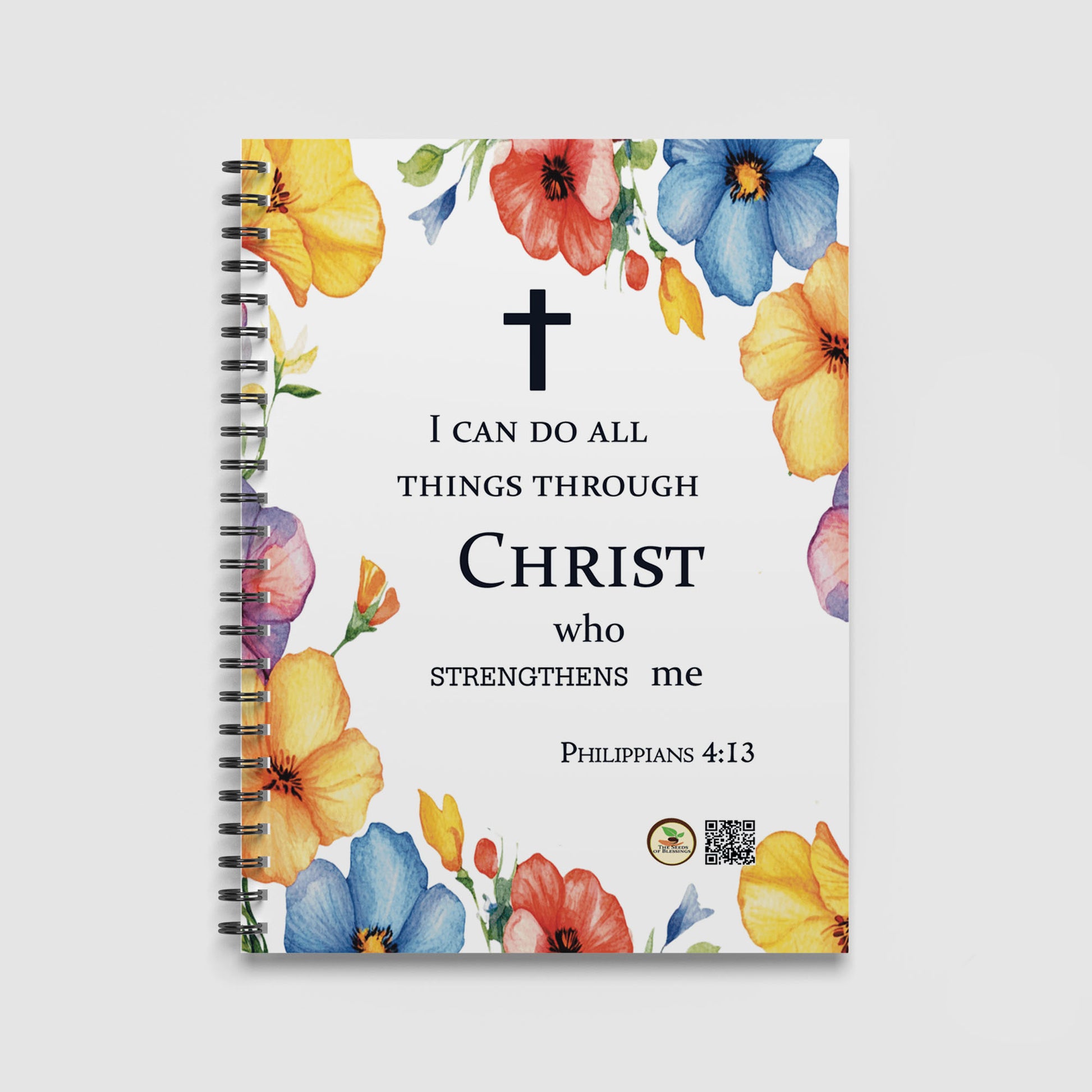 Spiral Notebook A4 - Open spiral notebook displaying vibrant floral artwork and encouraging scripture-inspired text for daily journaling