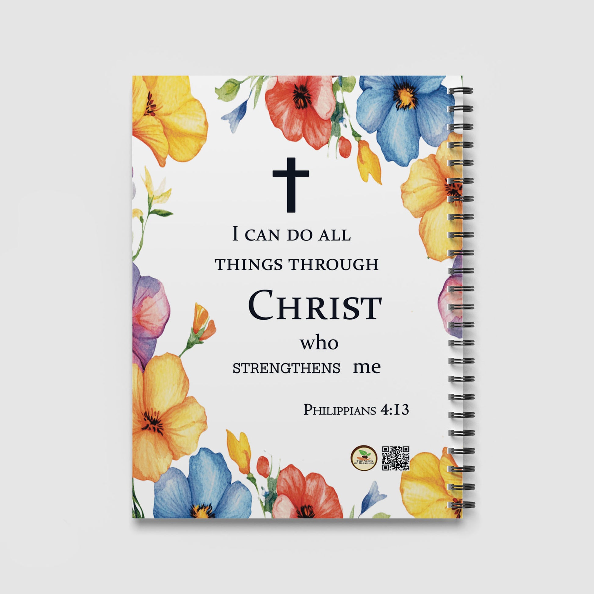 Spiral Notebook A4 - Close-up of inspirational message with decorative arrow elements and colorful botanical flowers framing the spiritual text