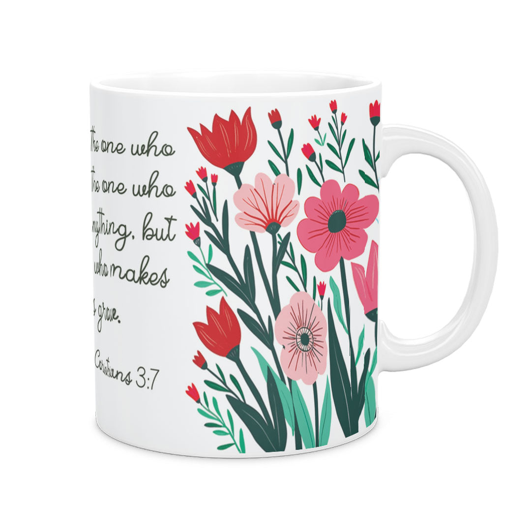 Ceramic Mug 11oz White - Floral border design with blooming flowers framing inspirational Bible verse text in center