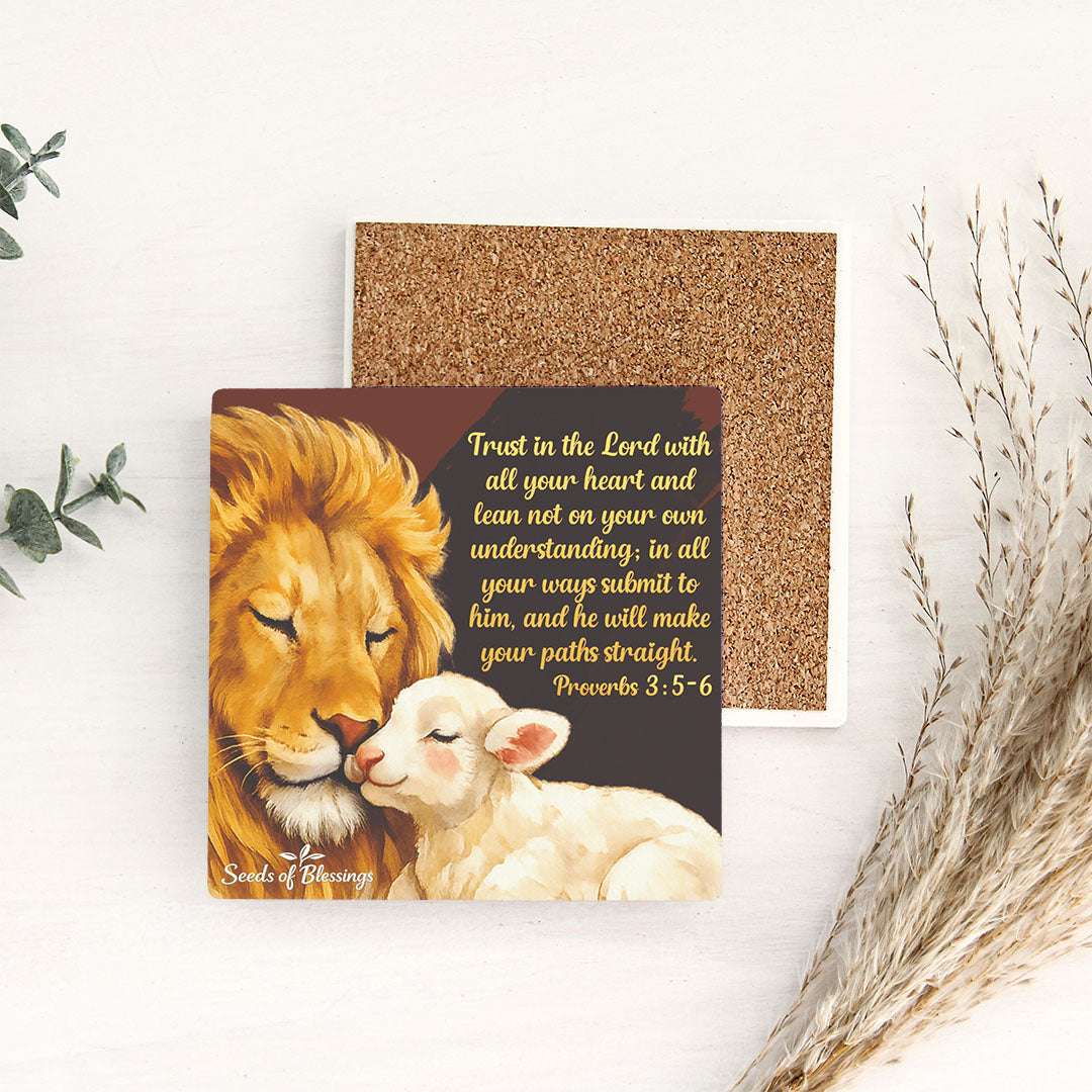 Ceramic Coasters Set of 4 Square 10cm - Close detail of majestic lion's face with golden mane and lamb's peaceful expression in warm artistic style