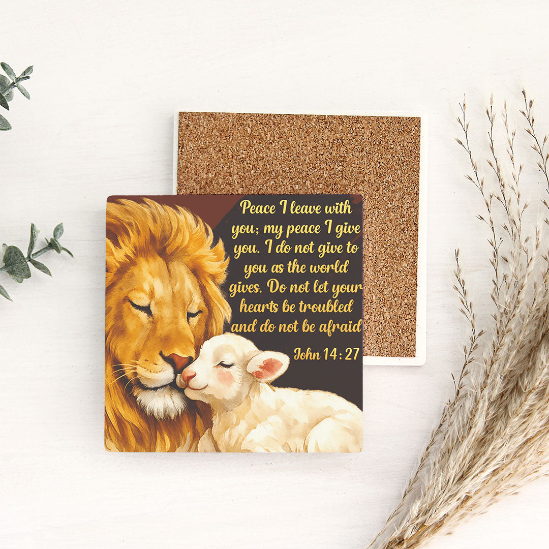 Ceramic Coasters Set of 4 Square 10cm - Artwork featuring gentle lion and lamb moment with Seeds of Blessings branding and biblical message