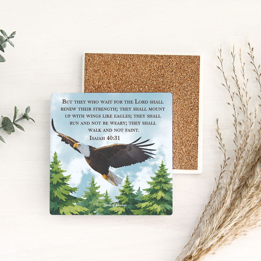 Ceramic Coasters Set of 4 - Close-up of eagle's head and wings with bold brown and white feathers against cloudy blue sky