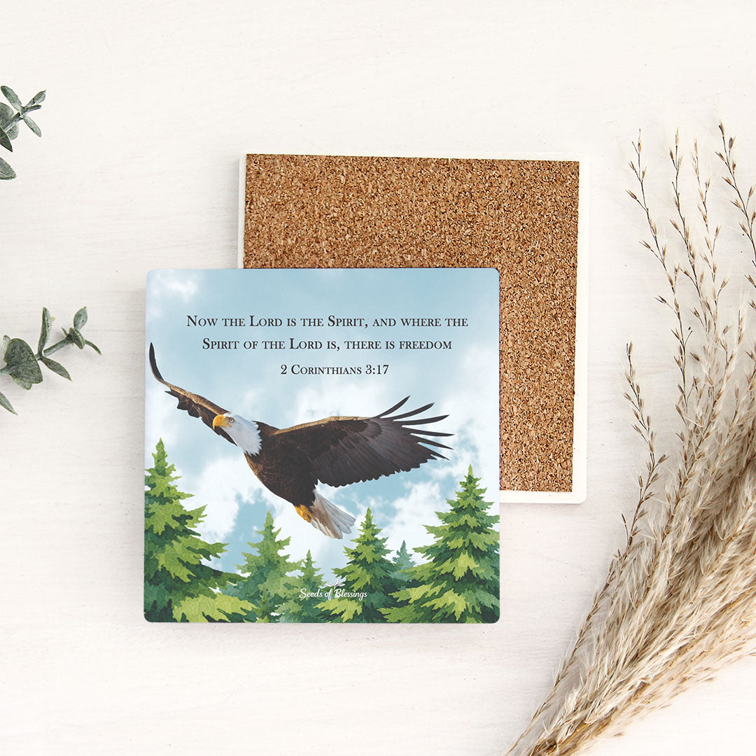 Ceramic Coasters Set of 4 - Eagle soaring with forest scene below and faith-based scripture message in elegant typography