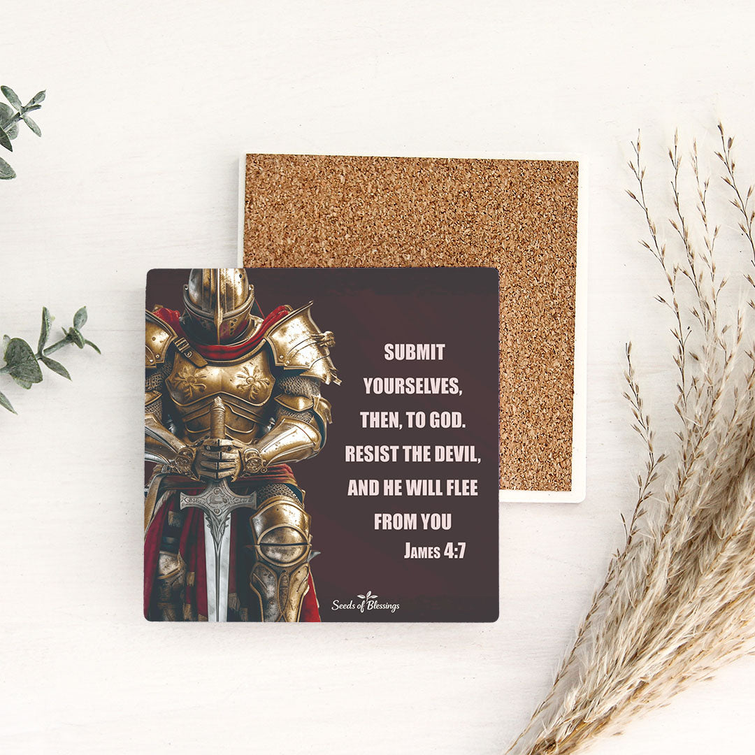 Ceramic Coaster Set of 4 - Detailed close-up of polished golden breastplate with intricate floral etchings and red fabric