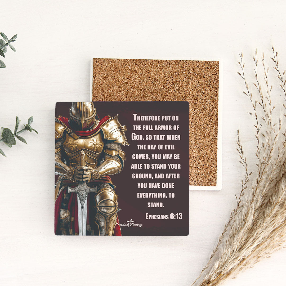 Ceramic Coaster Set of 4 - Coasters in use on surface showing protective cork base and vibrant gold armor artwork clarity