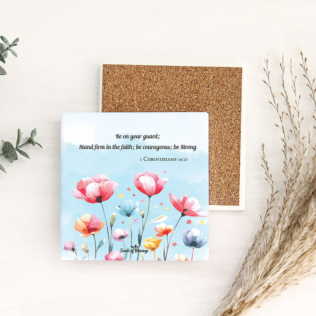 Ceramic Coasters Set of 4 - Scripture text "Be on your guard" displayed above vibrant floral arrangement with Scripture passage