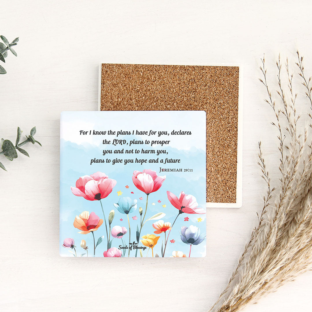 Ceramic Coasters Set of 4 - Complete floral artwork showing multiple blooms in varying shades of pink, coral, and white