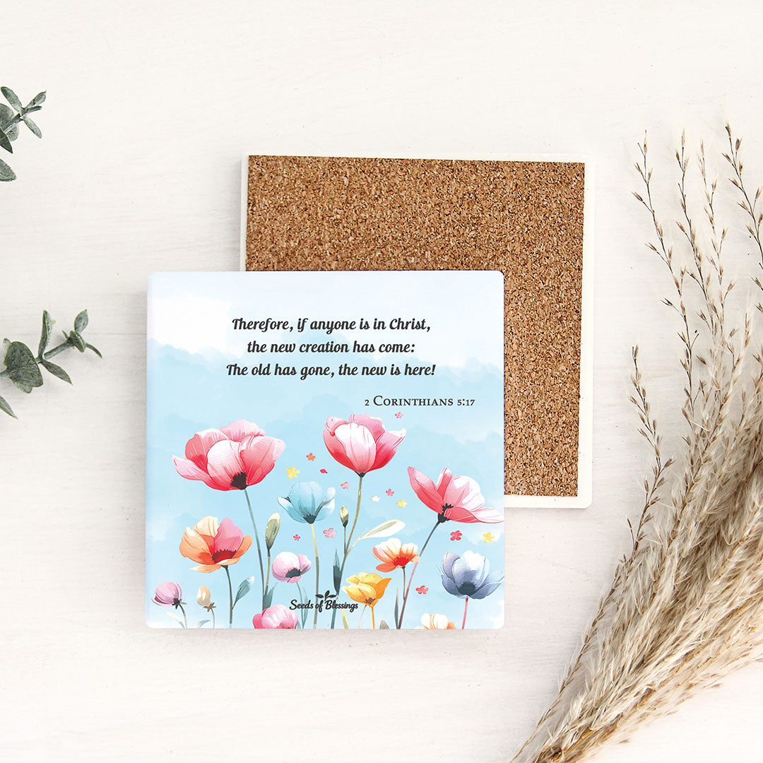 Ceramic Coasters Set of 4 - Watercolour style flowers with faith message "Stand firm in the faith be courageous be strong"