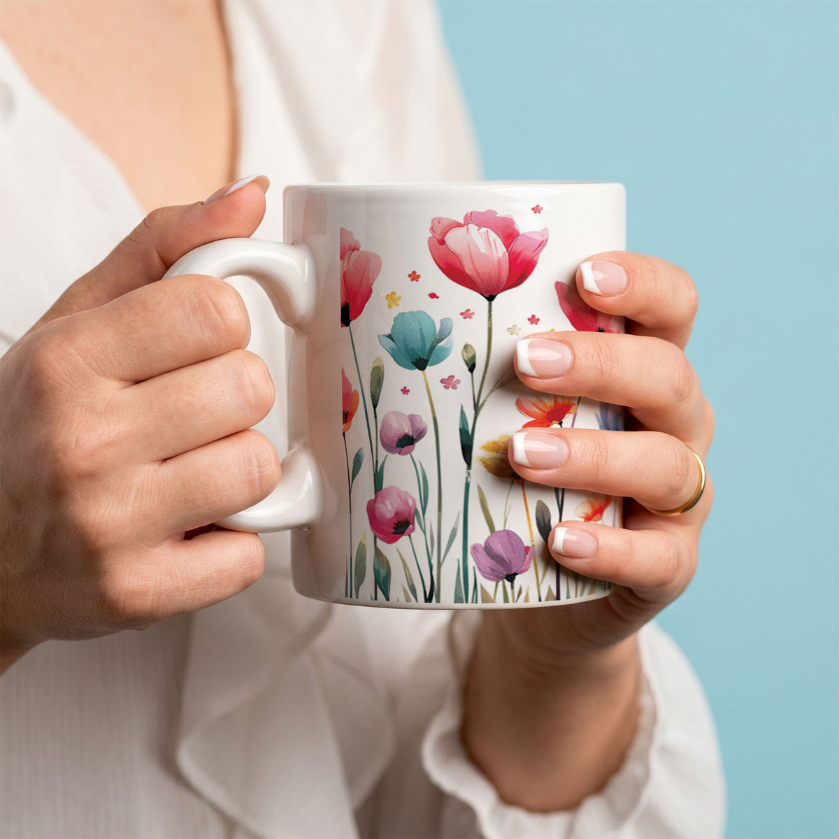 Ceramic Mug 11oz White - Psalms scripture with vibrant watercolor wildflowers in pink, coral, teal, and purple on both sides