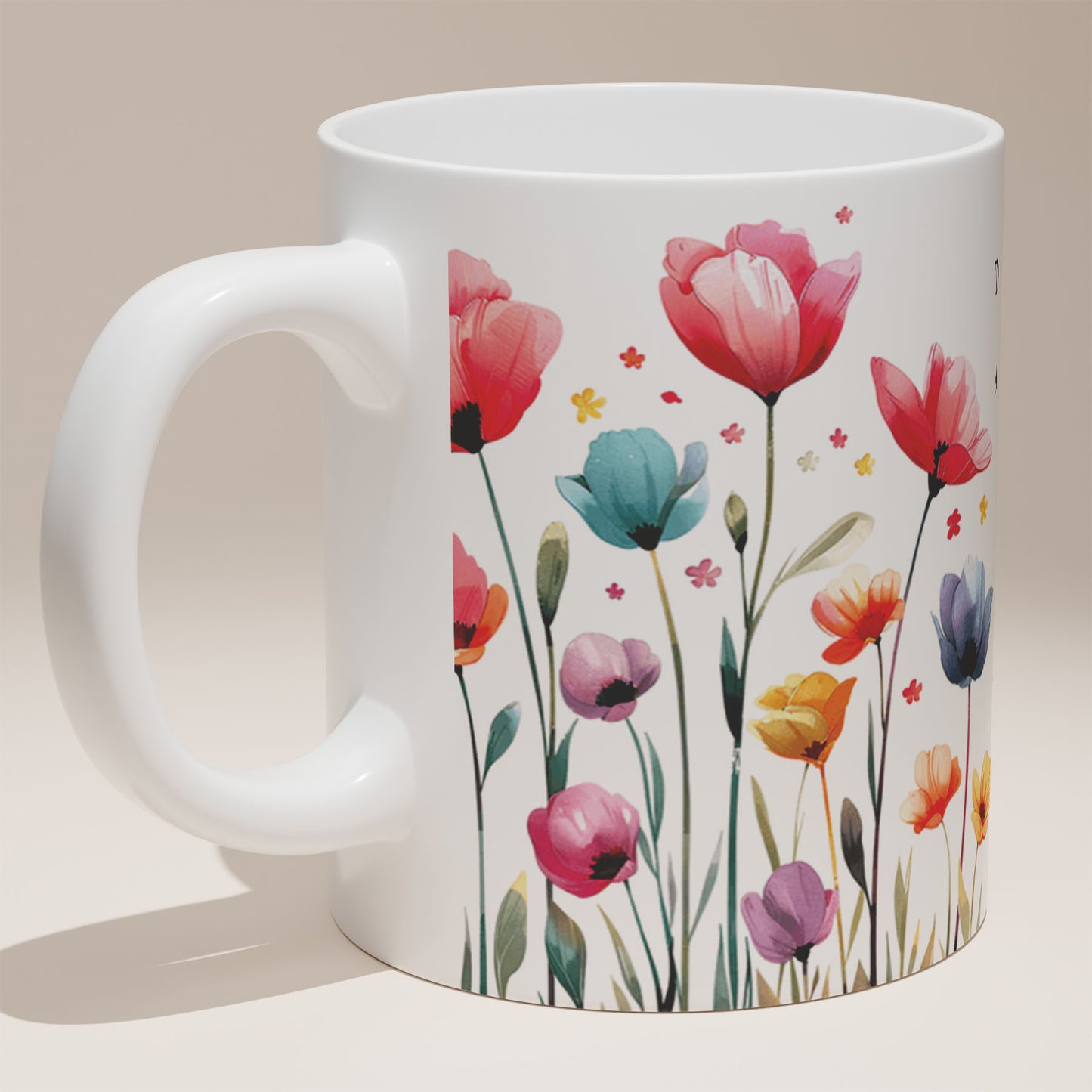 Ceramic Mug 11oz White - Close-up of "The LORD is my strength" scripture text surrounded by delicate floral illustrations