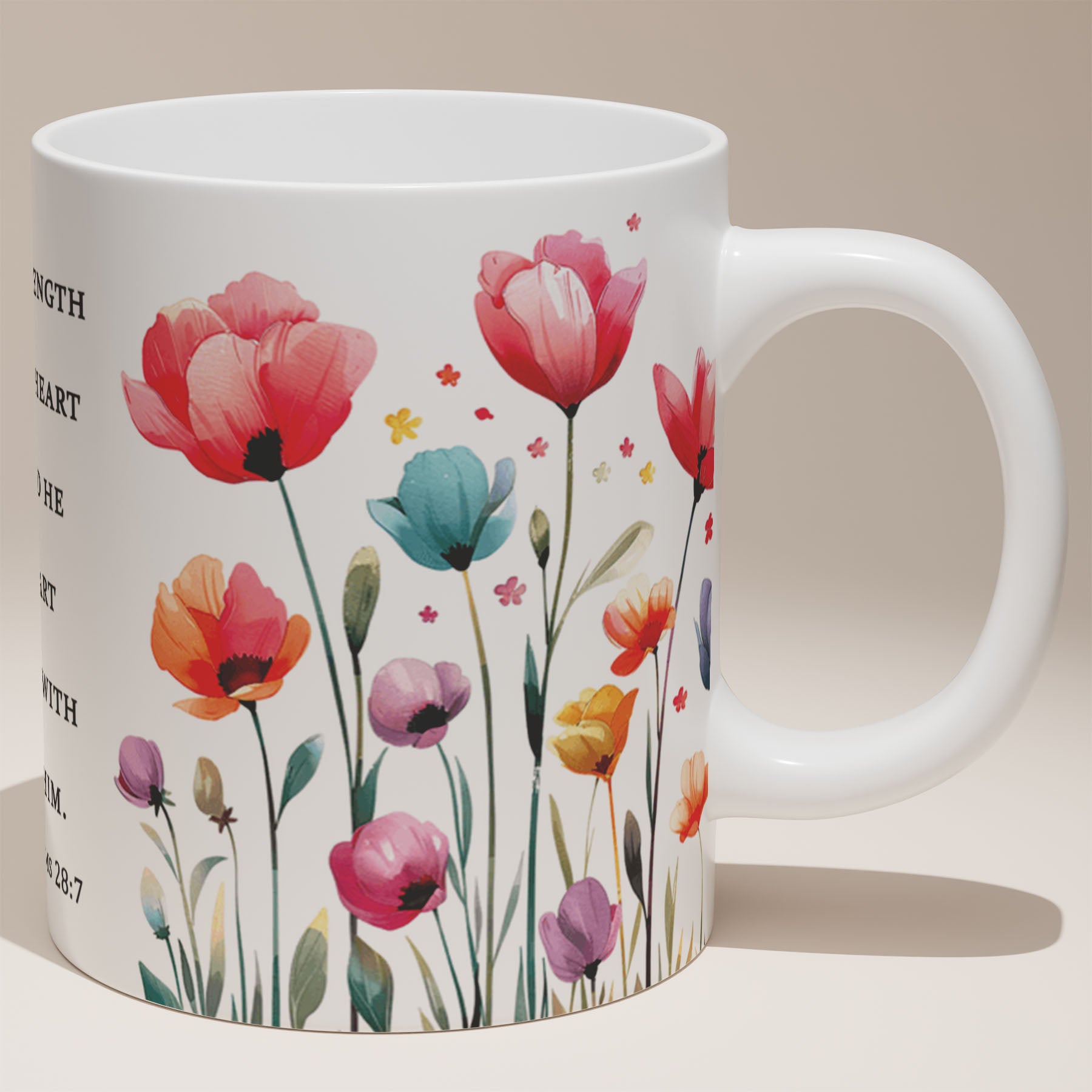 Ceramic Mug 11oz White - Hand-painted style pink and coral poppies framing inspirational faith message on white ceramic