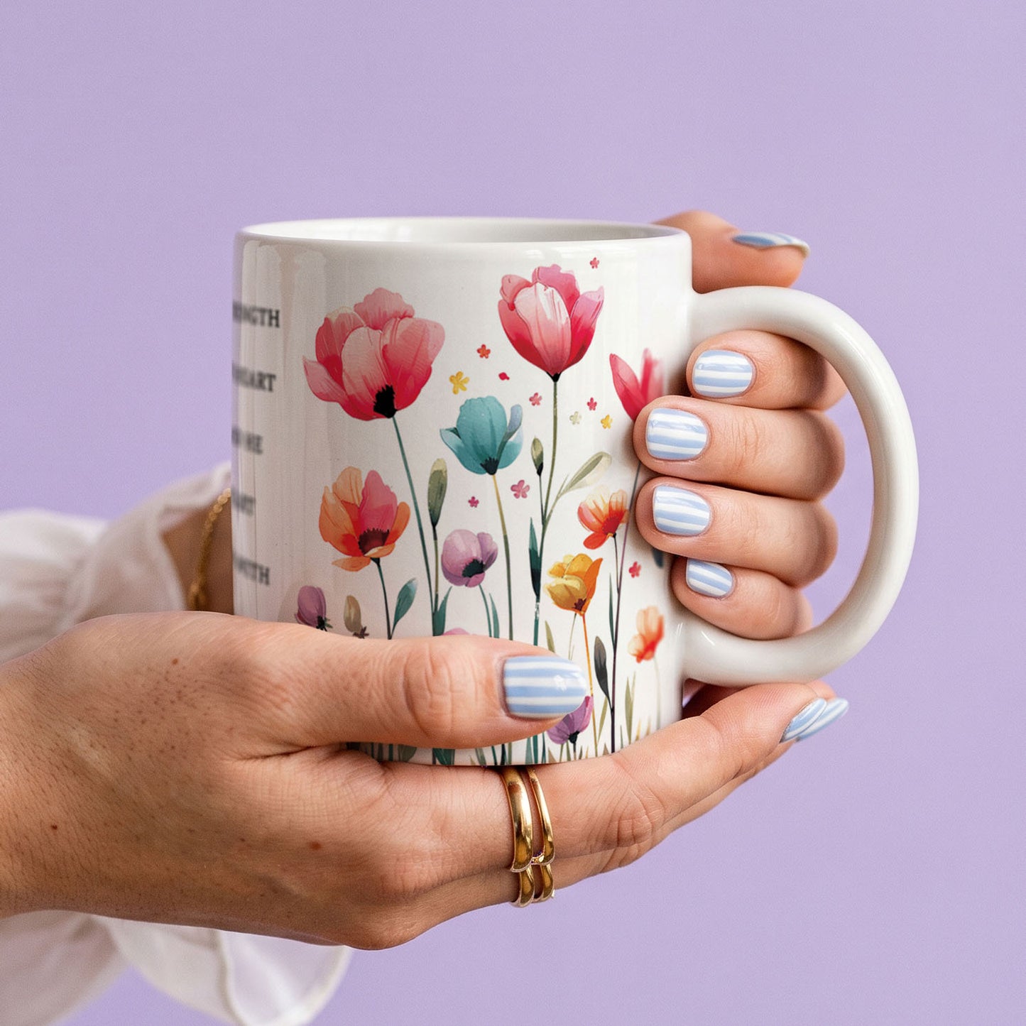 Ceramic Mug 11oz White - Multicolored wildflower border design with Psalms 28:7 religious quote on durable ceramic mug