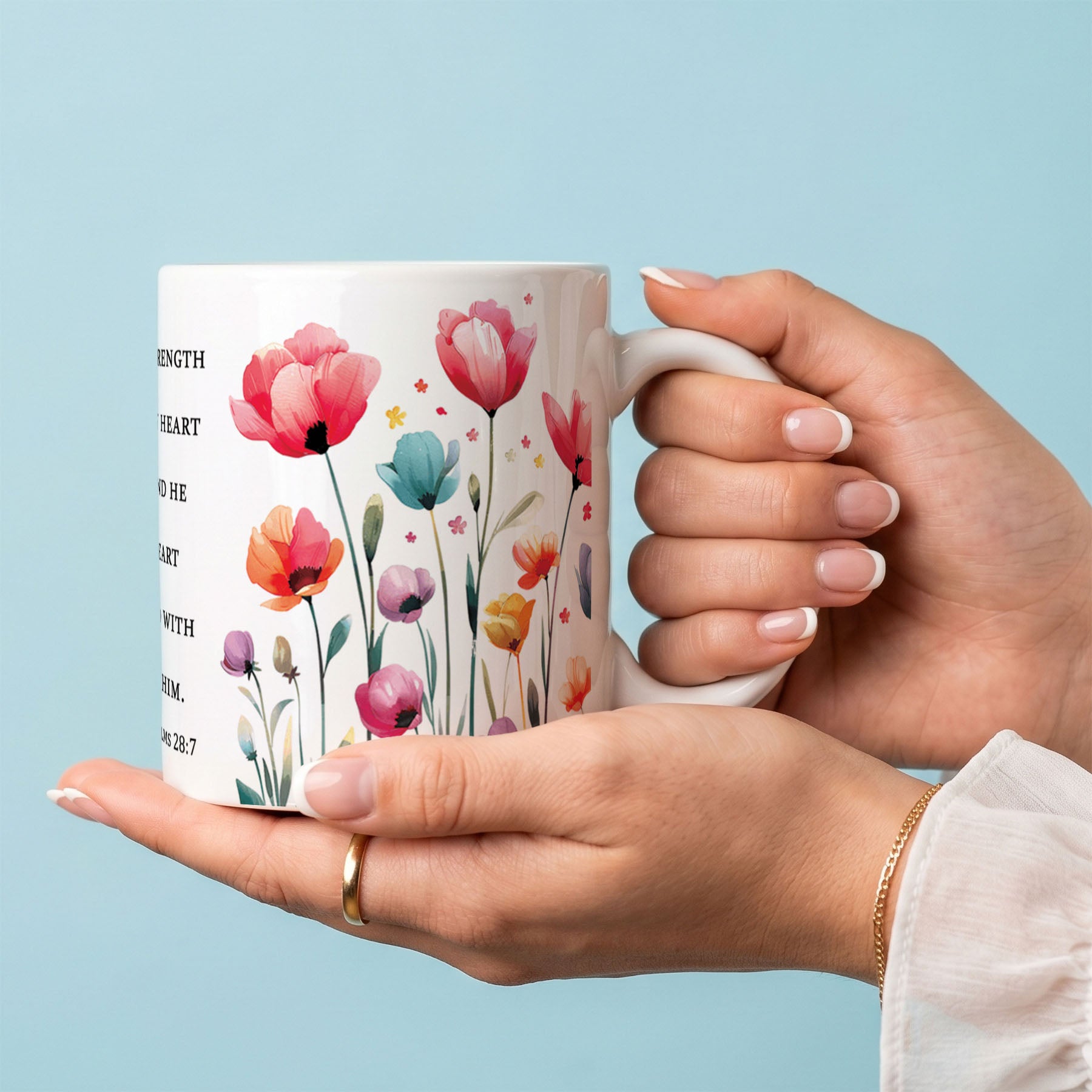 Ceramic Mug 11oz White - Side view showing full floral artwork wrapping around mug with scripture text and blooming flowers