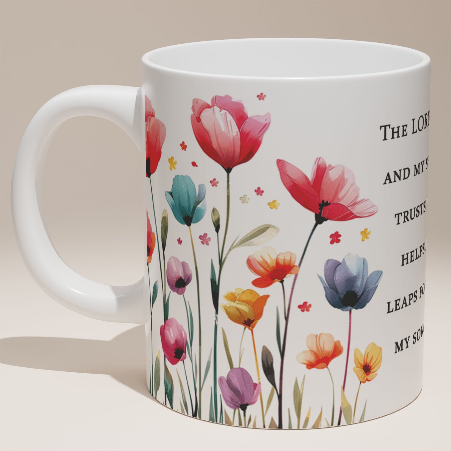 Ceramic Mug 11oz White - Bottom portion featuring teal and purple flower stems with small golden star accents on white mug
