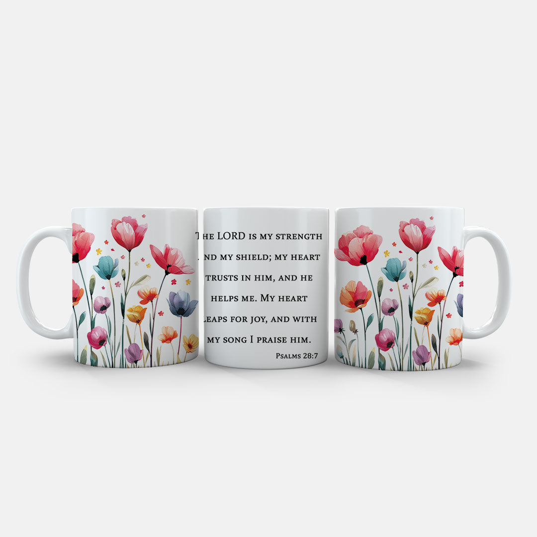 Ceramic Mug 11oz White - Watercolor floral design with pink poppies, coral blooms, and green stems on ceramic drinkware