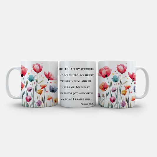 Ceramic Mug 11oz White - Watercolor floral design with pink poppies, coral blooms, and green stems on ceramic drinkware