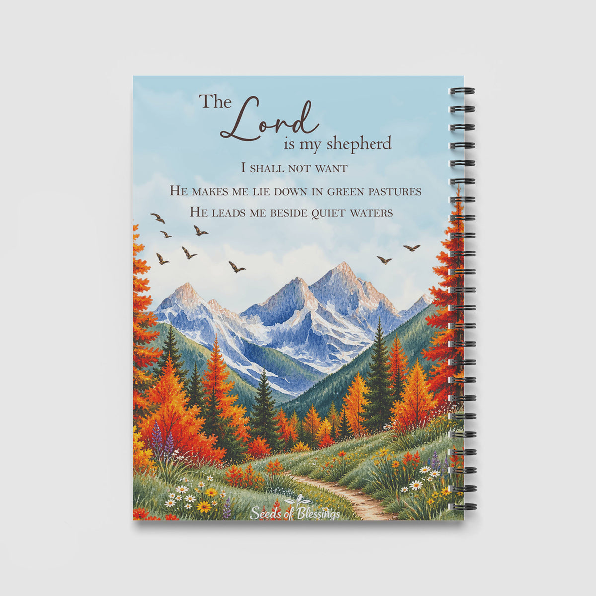 Spiral Notebook A4 - Wildflower meadow and winding path beneath mountains with Christian biblical text in elegant brown calligraphy