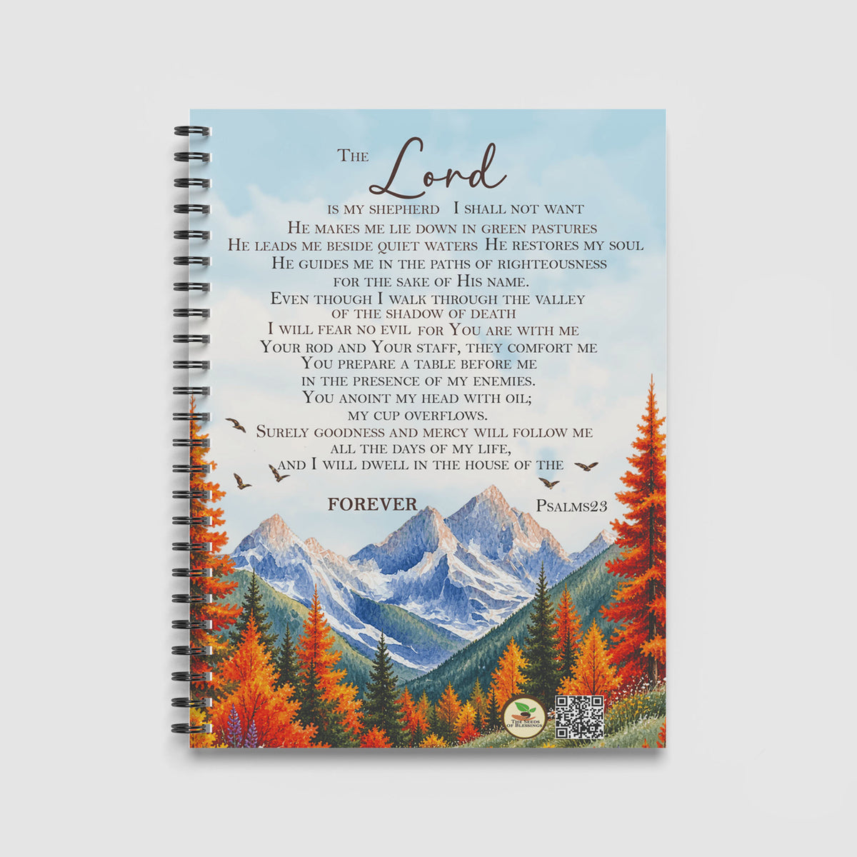 Spiral Notebook A4 - Full landscape artwork showing orange and red fall foliage, evergreen trees, and distant snowy mountain range