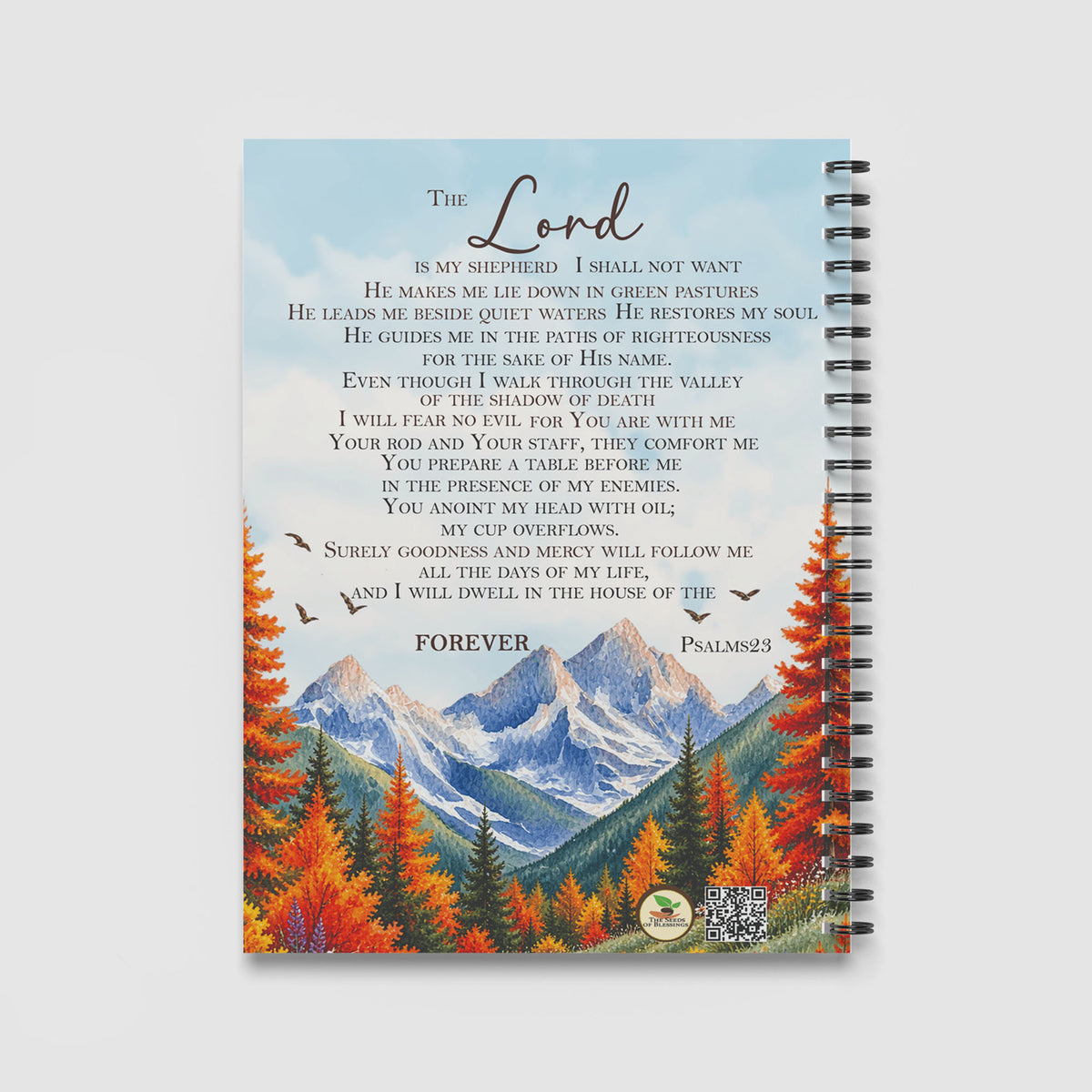 Spiral Notebook A4 - Complete design featuring The Lord is my shepherd verse with peaceful nature scene and flying birds in blue sky